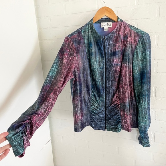 Joseph Ribkoff Cyber Ruched Jacket Liquid Metal Effect Sz L - Picture 2 of 13